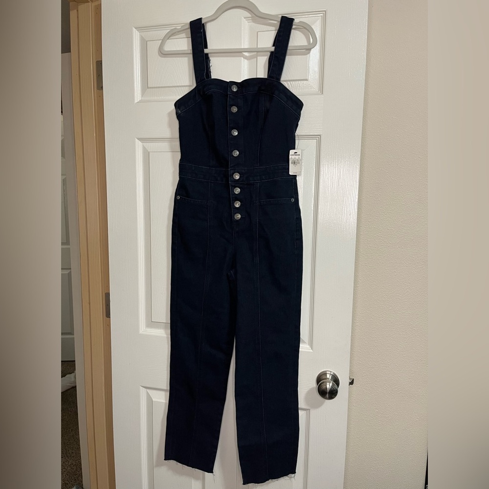 NWT Express Dark Blue Denim Button Front Overall Jumpsuit Size 0